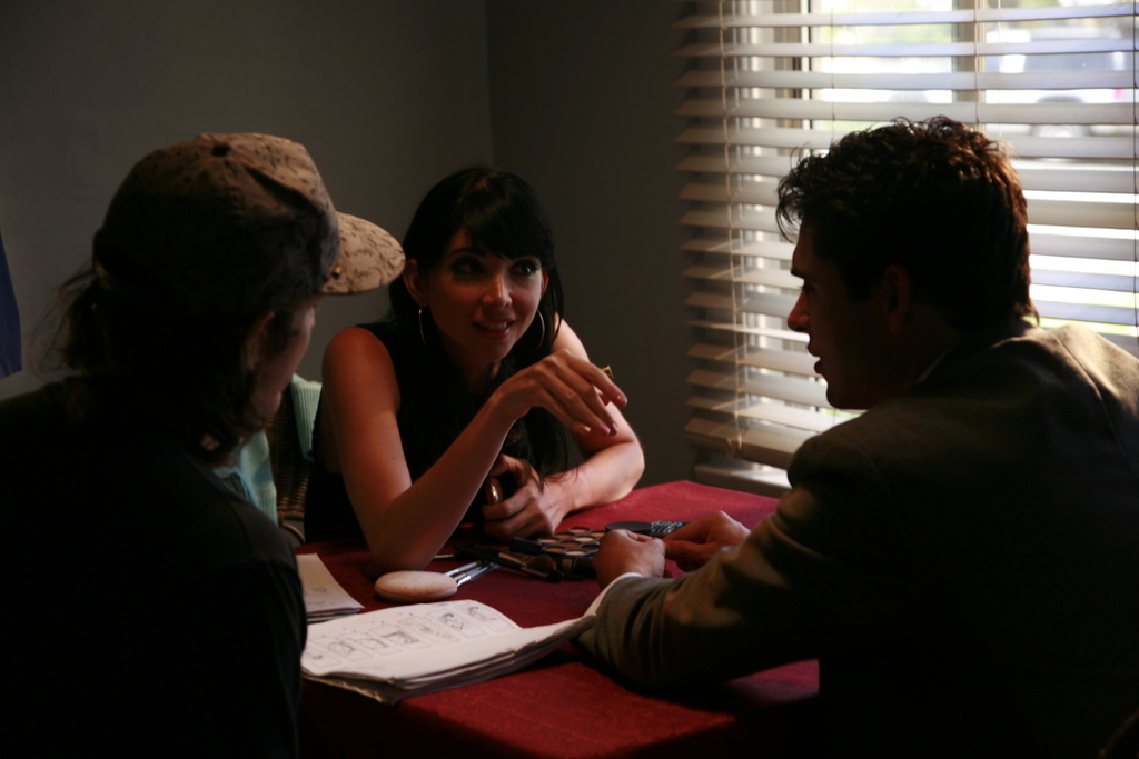 Director Ivan Ehlers and Actors Kika Perez & Oliver Rayon discuss a scene from VLAD AND ANTOINETTE.