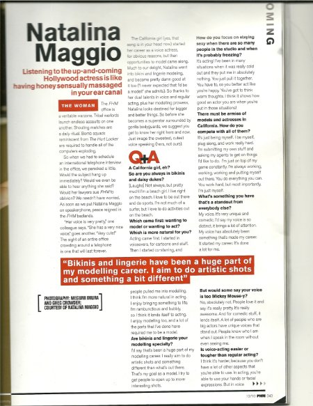 FHM Magazine writes a celebrity/actress article on Natalina Maggio and mentions that 