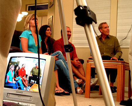 (l-r) Paula Cortez, Christina Castellan, Larry Smith, and Bob Rue on the set of 