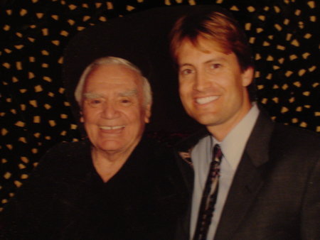 Ernest Borgnine and Ryan Tower on the set of movie Cura del Gorilla, La. in Milan, Italy 2005.