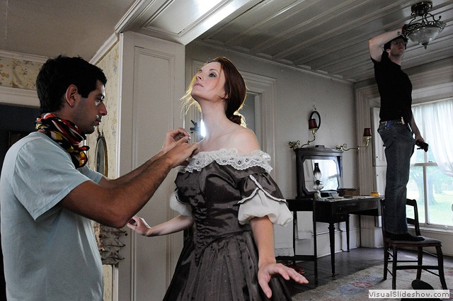 Hollis McLachlan gets her mic lav in place before filming the scene