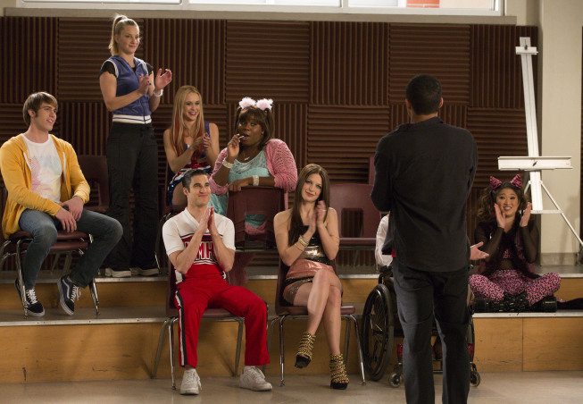 Still of Darren Criss, Melissa Benoist, Jenna Ushkowitz, Becca Tobin, Blake Jenner and Jacob Artist in Glee (2009)