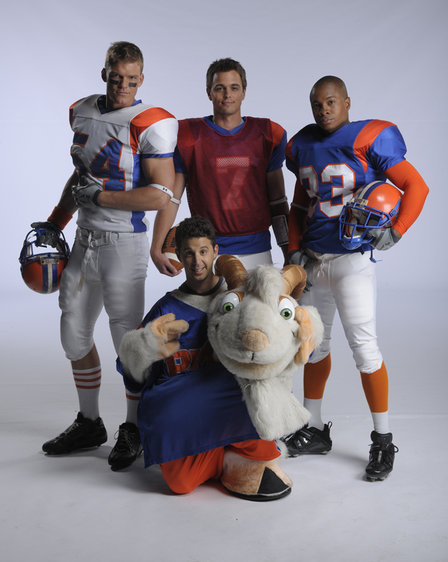 Alan Ritchson, Darrin Brooks, Sam Jones III, and Romanski. Season 1 Blue Mountain State cast photo.