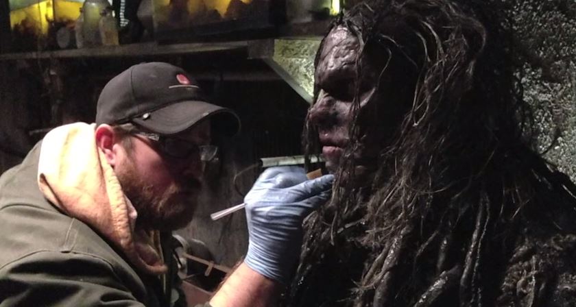 Ry Barrett in make up as The Drownsman, with creature creator Jason Derushie.