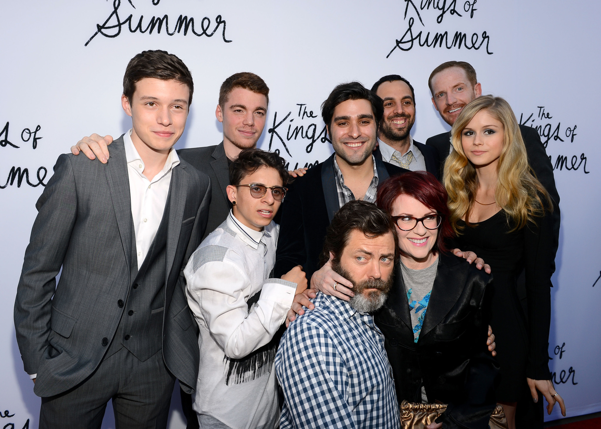 Megan Mullally, Nick Offerman, Moises Arias, Marc Evan, Gabriel Basso, Nick Robinson, Jordan Vogt-Roberts, Chris Galletta, Erin Moriarty and Evan Jackson at event of The Kings of Summer (2013)