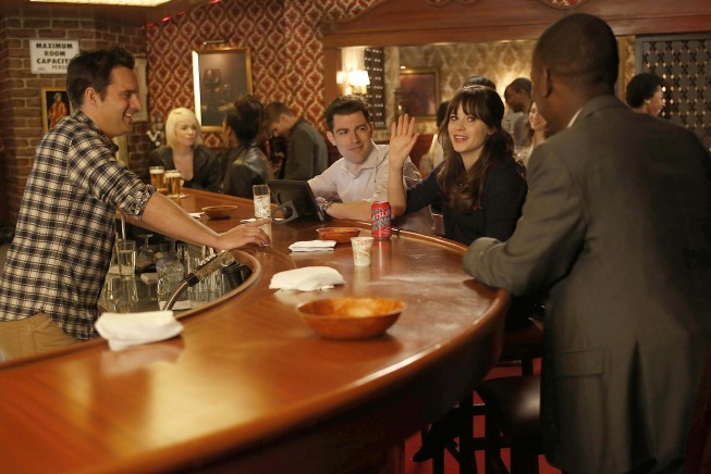 Still of Zooey Deschanel, Max Greenfield, Lamorne Morris and Jake Johnson in New Girl (2011)