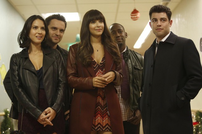 Still of Max Greenfield, Olivia Munn, Hannah Simone, Lamorne Morris and Jake Johnson in New Girl (2011)