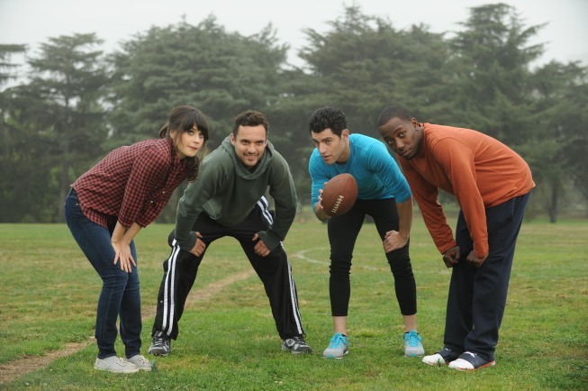 Still of Zooey Deschanel, Max Greenfield, Lamorne Morris and Jake Johnson in New Girl (2011)