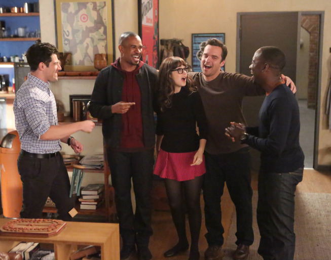 Still of Zooey Deschanel, Max Greenfield, Damon Wayans Jr., Lamorne Morris and Jake Johnson in New Girl (2011)