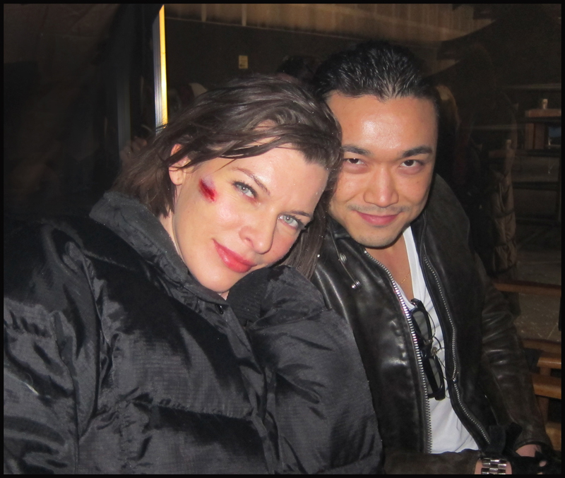 Milla Jovovich and Norman Yeung on the set of RESIDENT EVIL: RETRIBUTION.