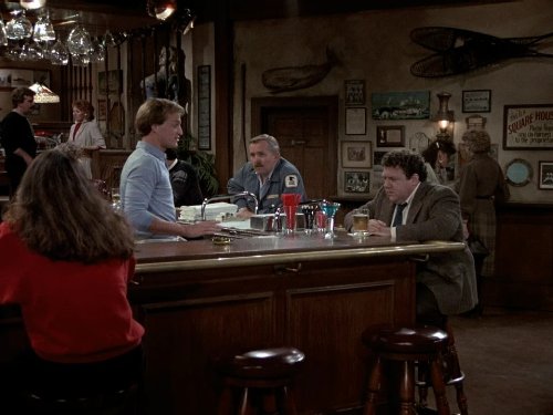 Still of Woody Harrelson, John Ratzenberger and George Wendt in Cheers (1982)