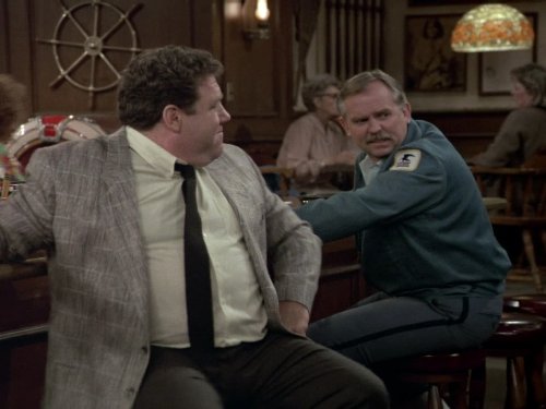 Still of John Ratzenberger and George Wendt in Cheers (1982)