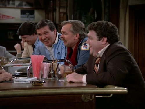 Still of John Ratzenberger and George Wendt in Cheers (1982)