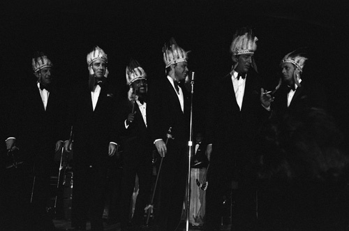 Buddy Lester, Peter Lawford, Sammy Davis Jr., Frank Sinatra, Dean Martin and Joey Bishop performing in the Copa Room at the Sands Hotel in Las Vegas