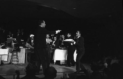 Joey Bishop, Buddy Lester and Sammy Davis Jr. performing in the Copa Room at the Sands Hotel in Las Vegas