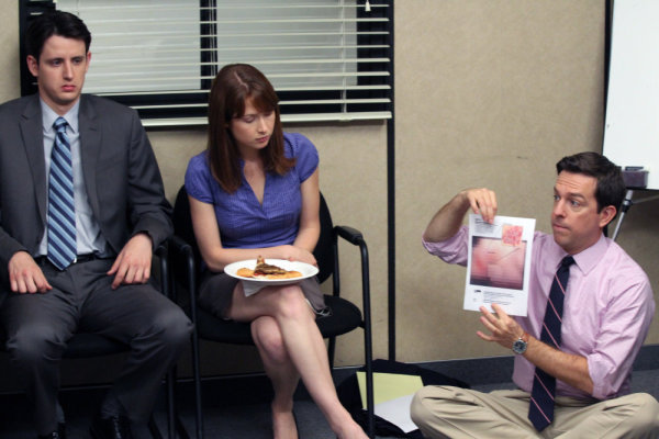 Still of Gabe Lewis, Ed Helms, Zach Woods and Ellie Kemper in The Office (2005)