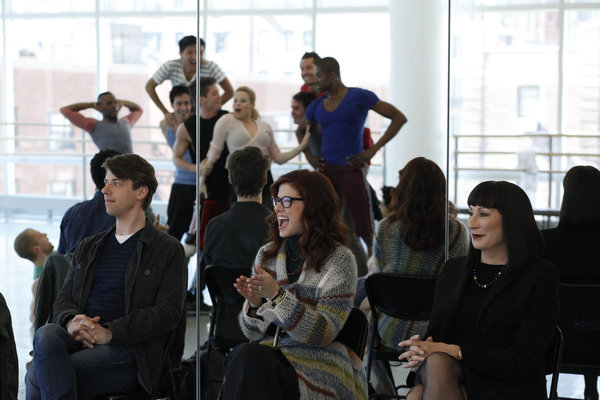 Still of Anjelica Huston, Debra Messing, Christian Borle and Megan Hilty in Smash (2012)