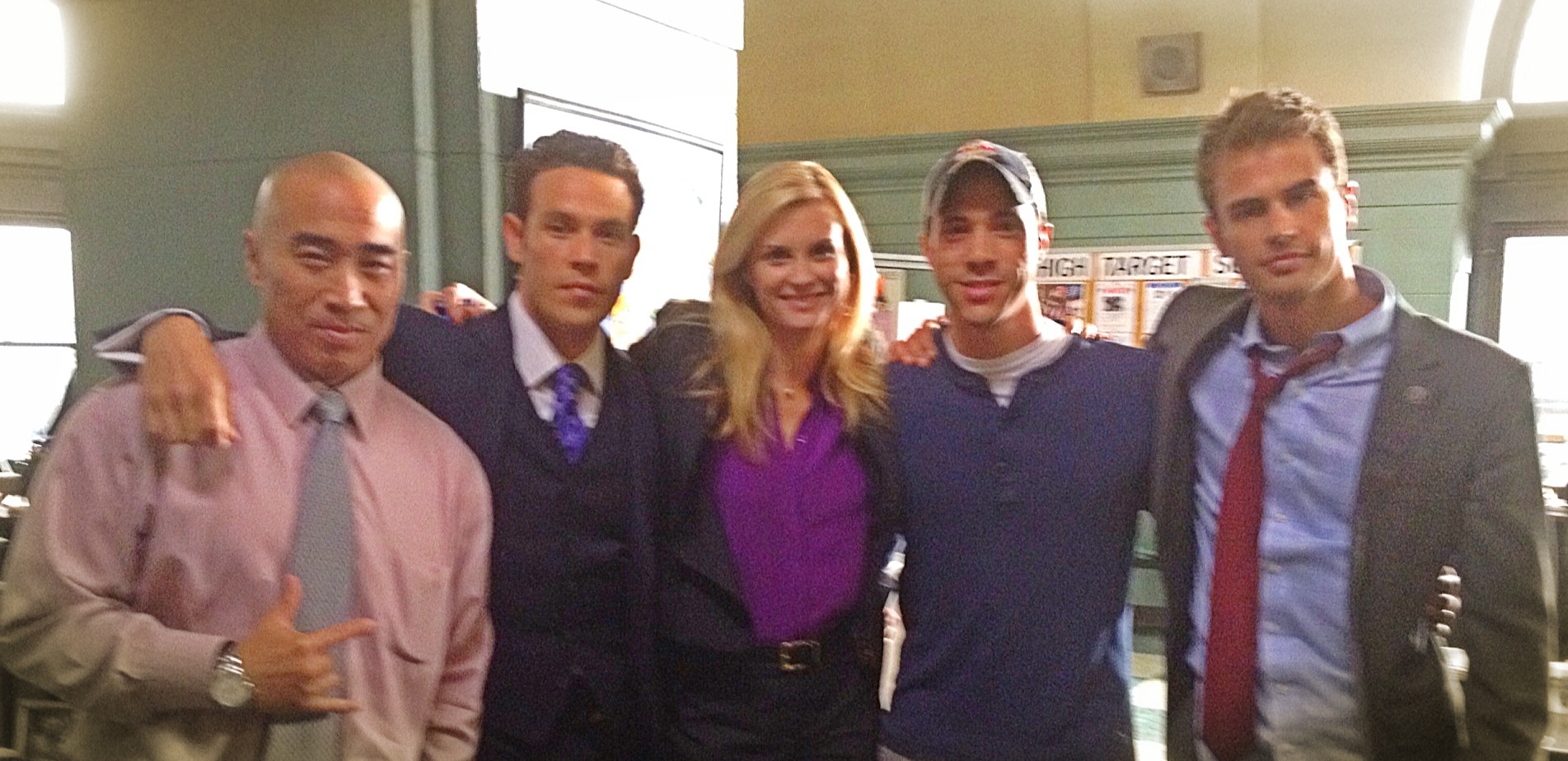 On set with cast of CBS Golden Boy. Left to right: Ron Yuan, Kevin Alejandro, Bonnie Somerville, Joey Auzenne and Theo James.