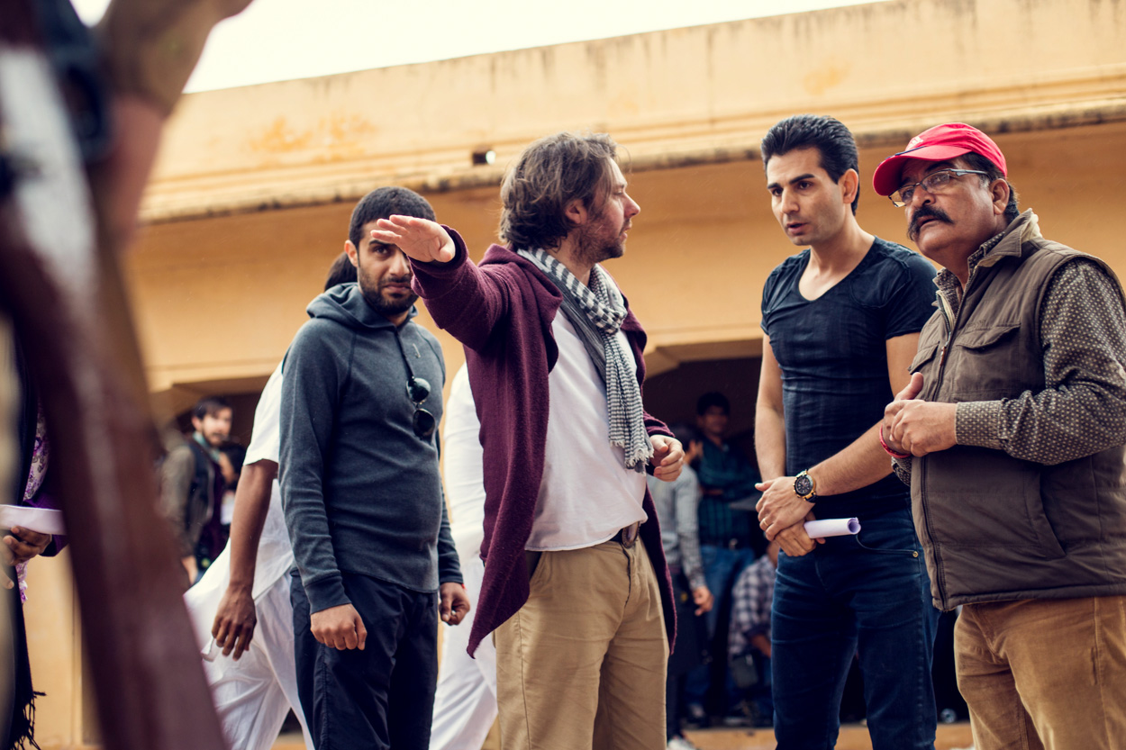 Producer Chris Robb, Director Hassan Nazer, 1st Assistant Director Kulddep Khangarot and acting coach Vahid Rhabani on location in India during filming for 'Utopia' 2014.