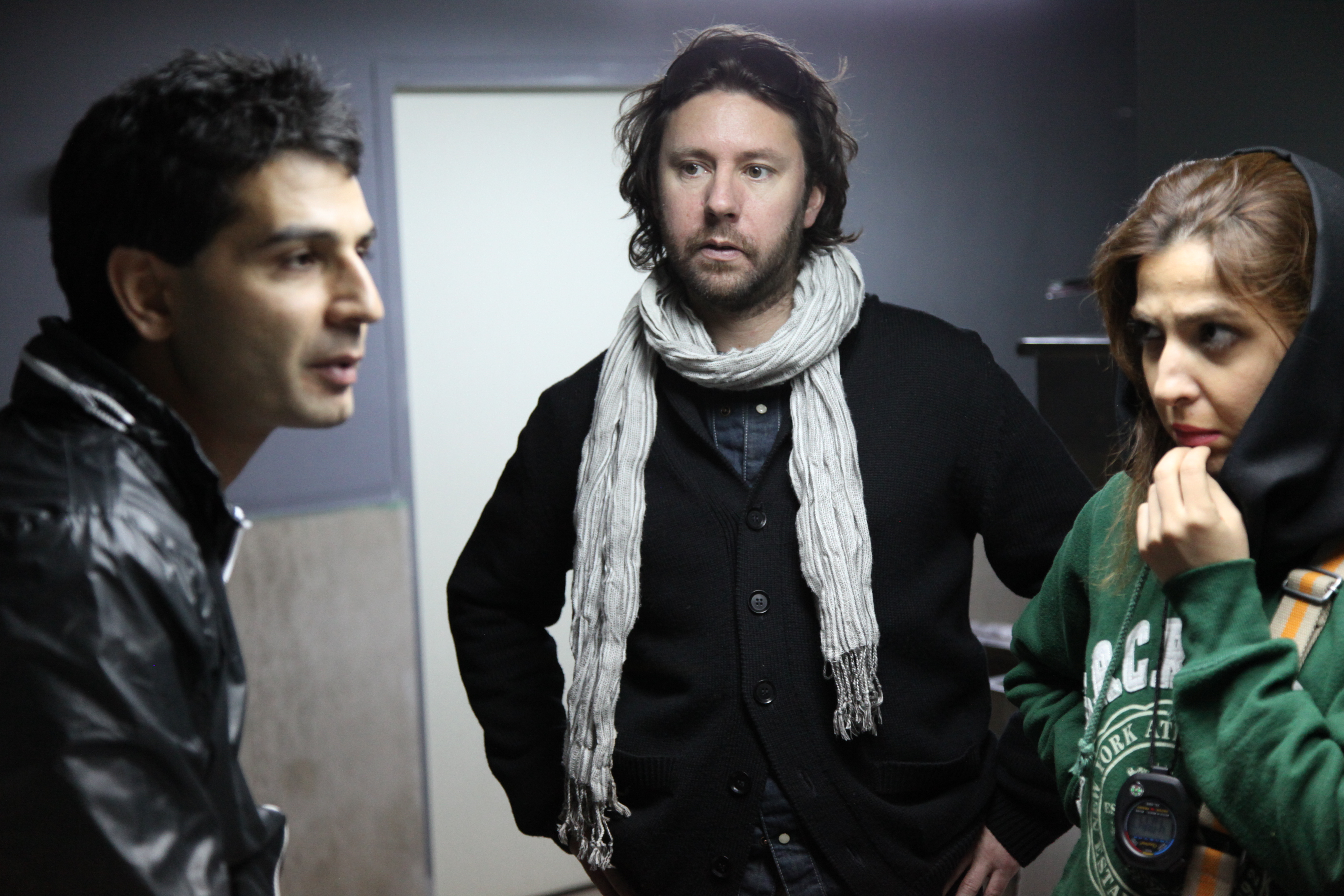 Producer 'Chris Robb', Director 'Hassan Nazer', Script Supervisor 'Sepideh Sepehrara' on location in Iran for 'Inja Iran' 2012.