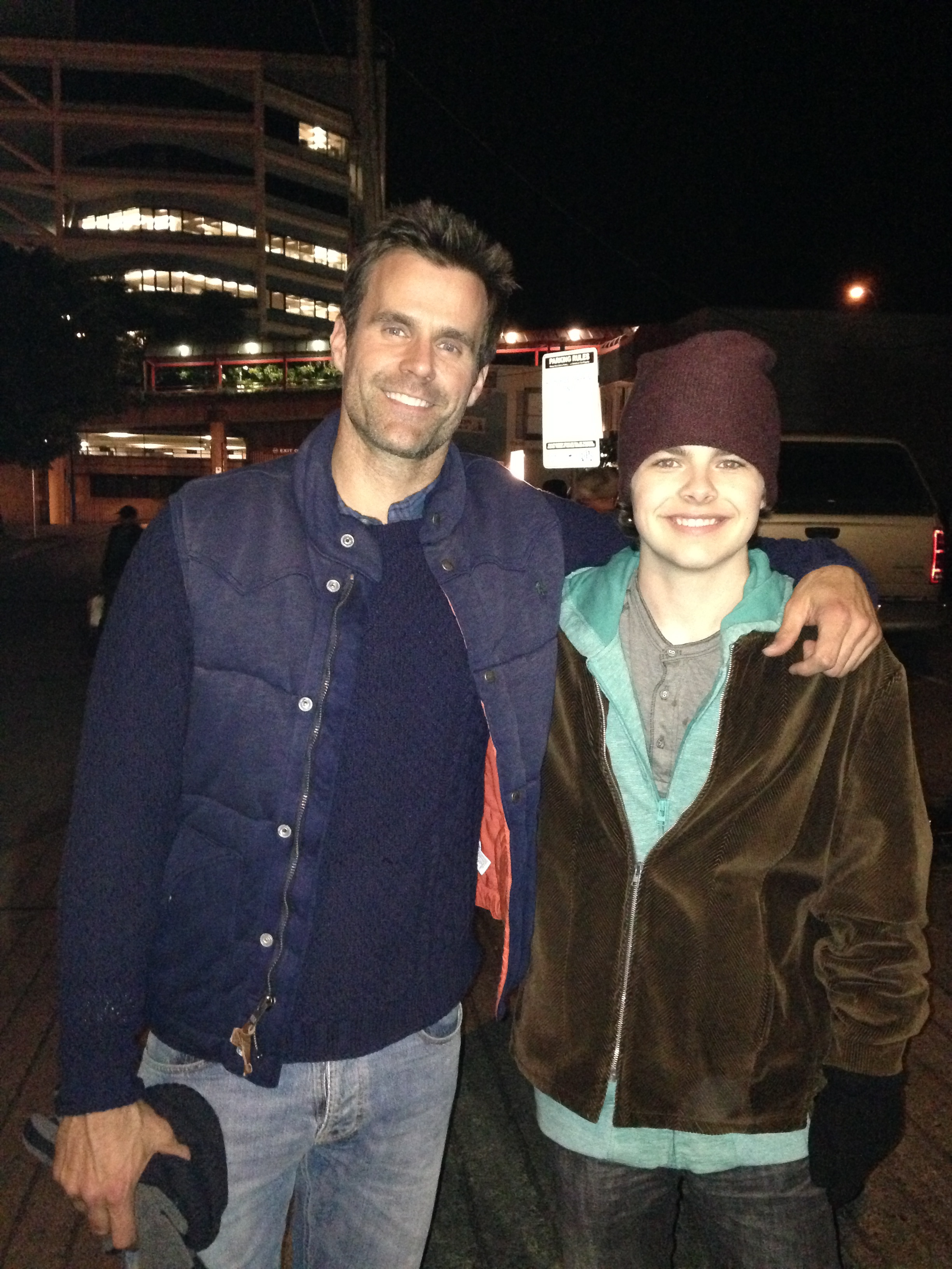 Brendan Meyer and Cameron Mathison on the set of The Christmas Ornament.