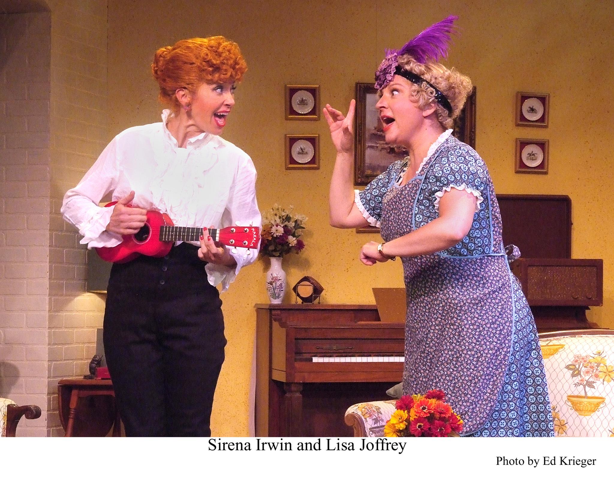 Still from I Love Lucy Live on Stage at Greenway Theatre in Los Angeles - Starring Original Los Angeles Cast Lisa Joffrey as Ethel Mertz and Sirena Irwin as Lucy.