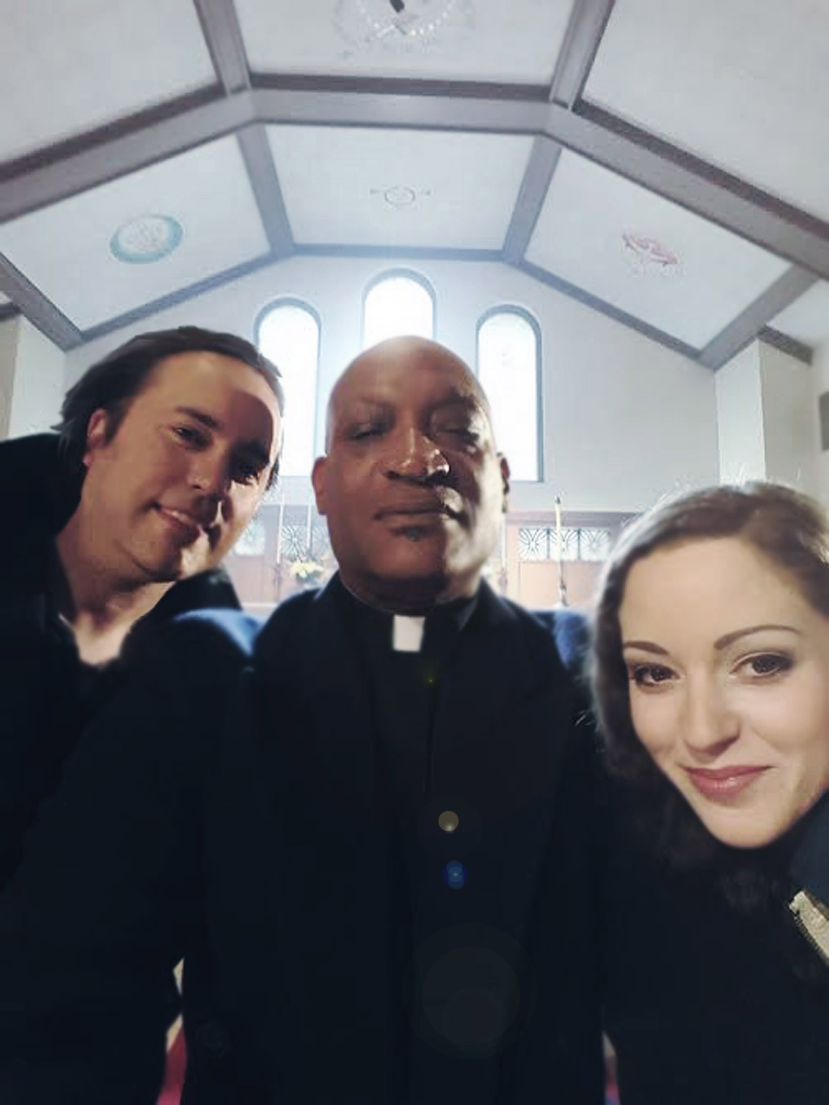 Jimmy Drain (Robby) Tony Todd (Fr. Dudley) and Jodi Lynn Thomas (Lisa) enjoying a quick selfie between takes on the set of 