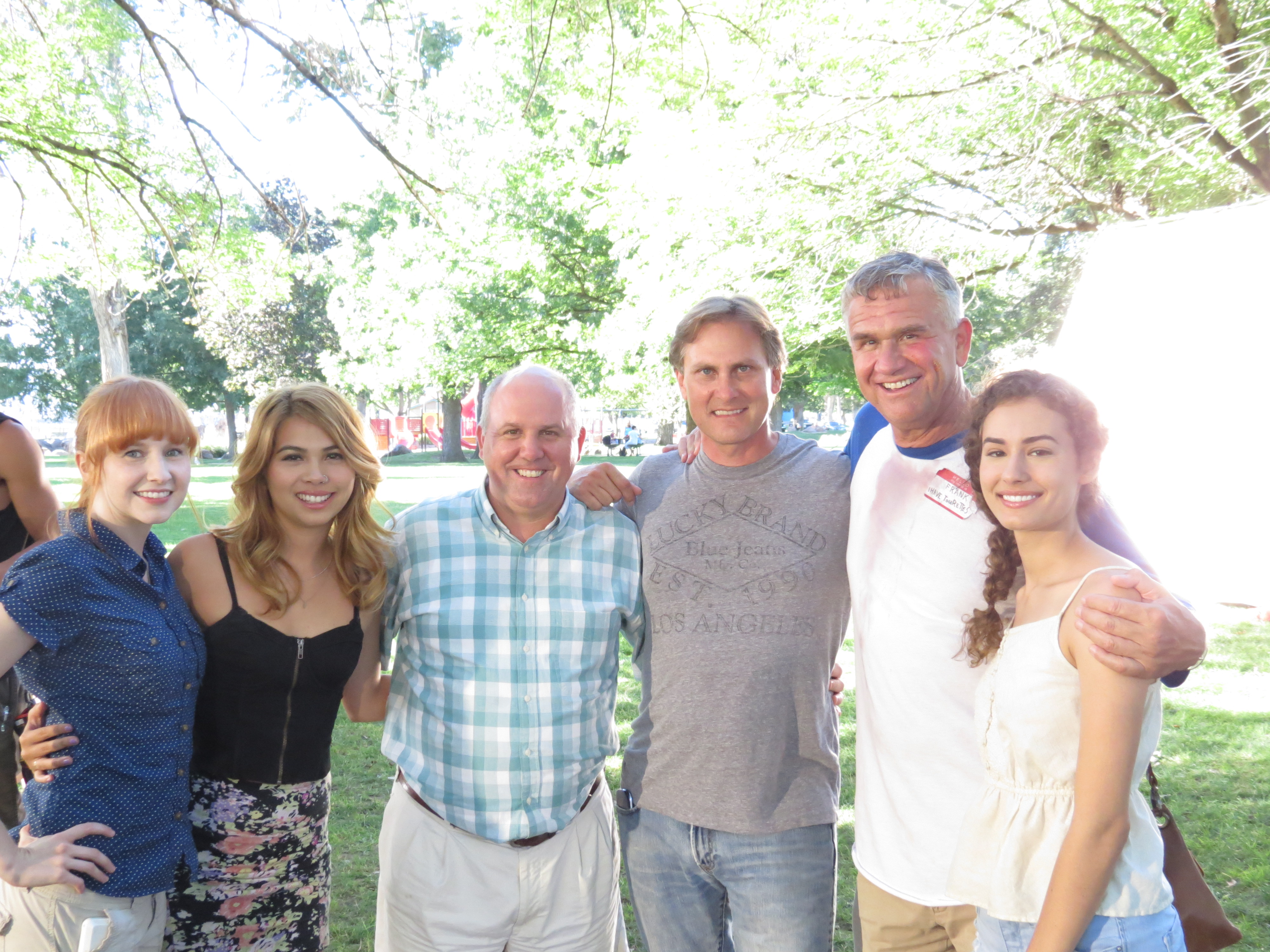 Director Dale Peterson with Actors Hayley Kiyoto, Mary Kate Wiles, Rachel Dipillo, James Dumont, and Garrett M. Brown on the set of 