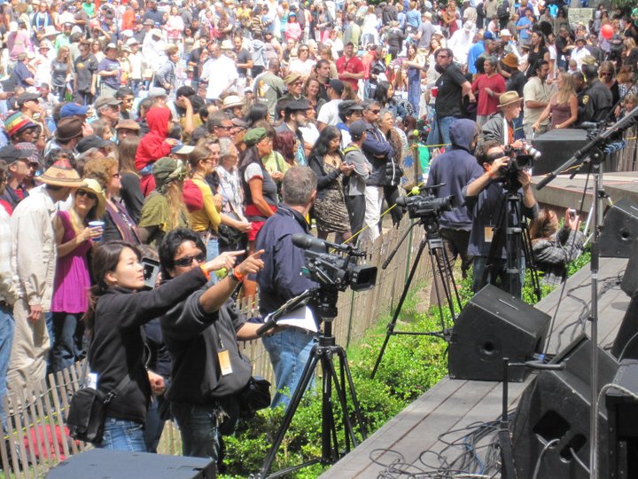 Kisato Nagao, Craig Abaya, and Dennis Shanahan prepare for the concert shoot at Stern Grove Festival.