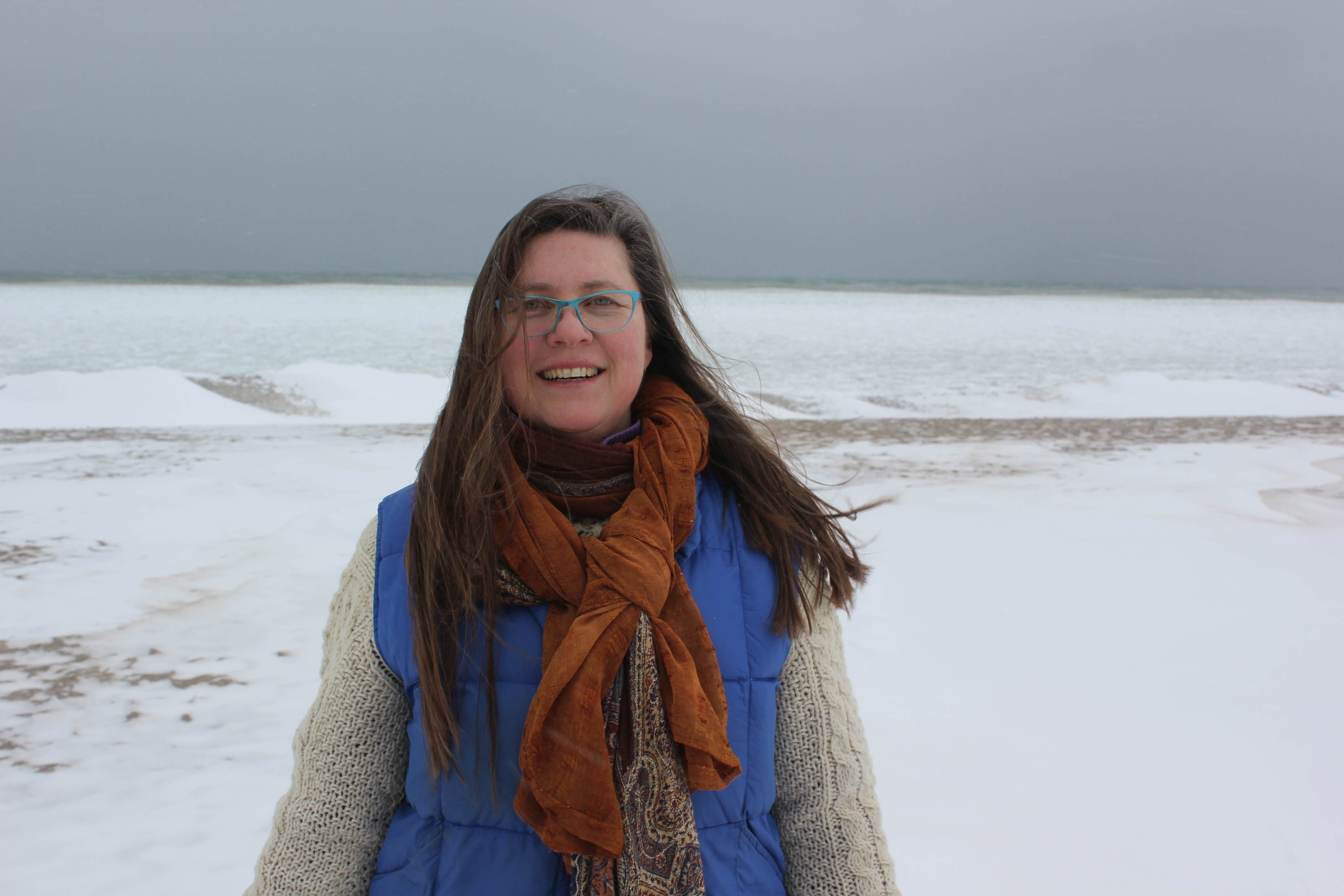 Karen promoting her film on the frozen waters of Lake Michigan.