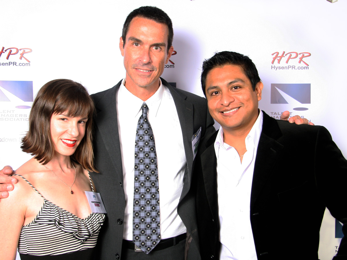 Omar Leyva (right) and Heather Fox with their talent manager Paul Trusik at the 2009 Heller Awards Ceremony, hosted by Talent Manager's Association, on October 20th, 2009.