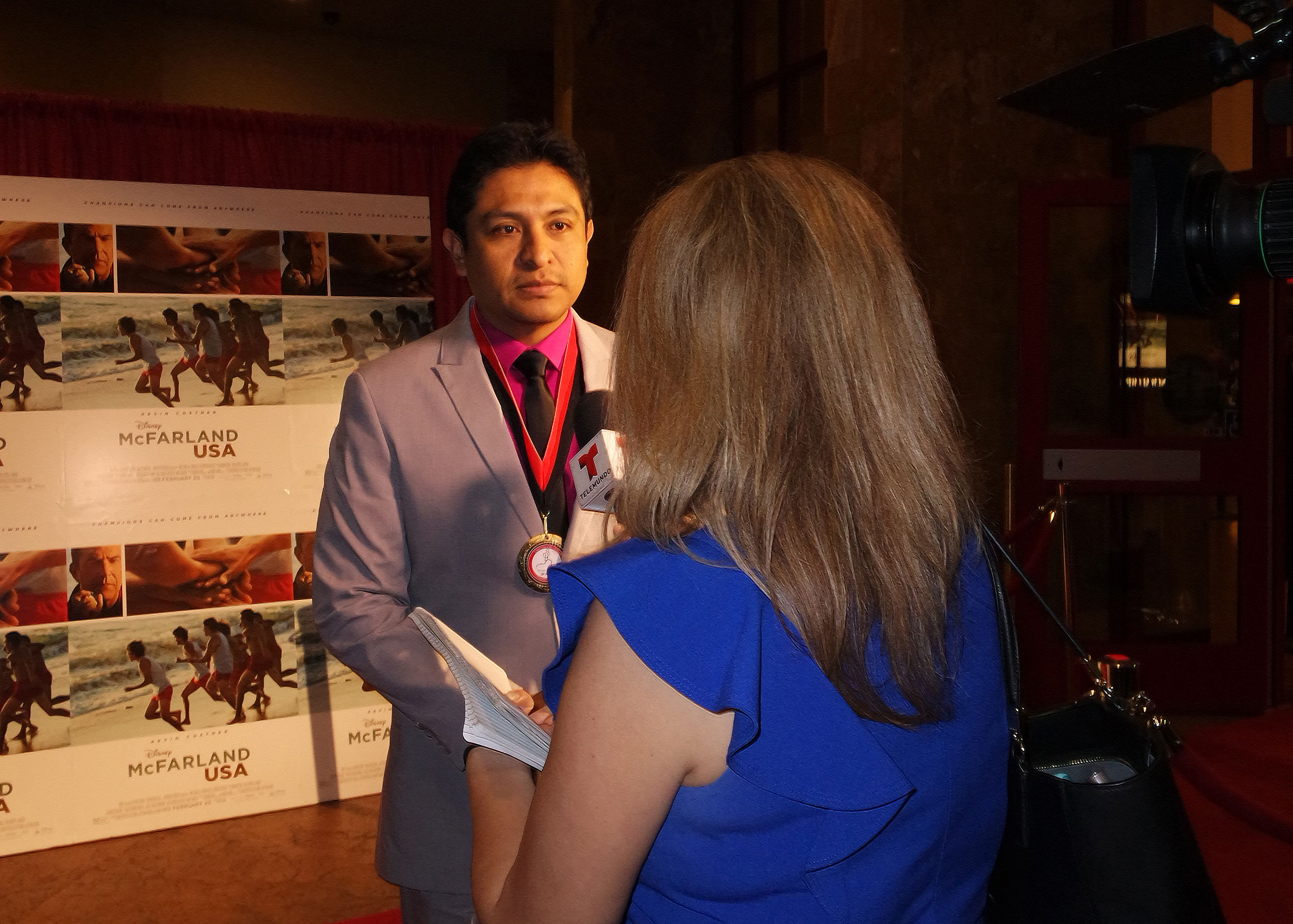 Omar Leyva interviewed by Telemundo in Bakersfield at Red Carpet Event for McFarland USA