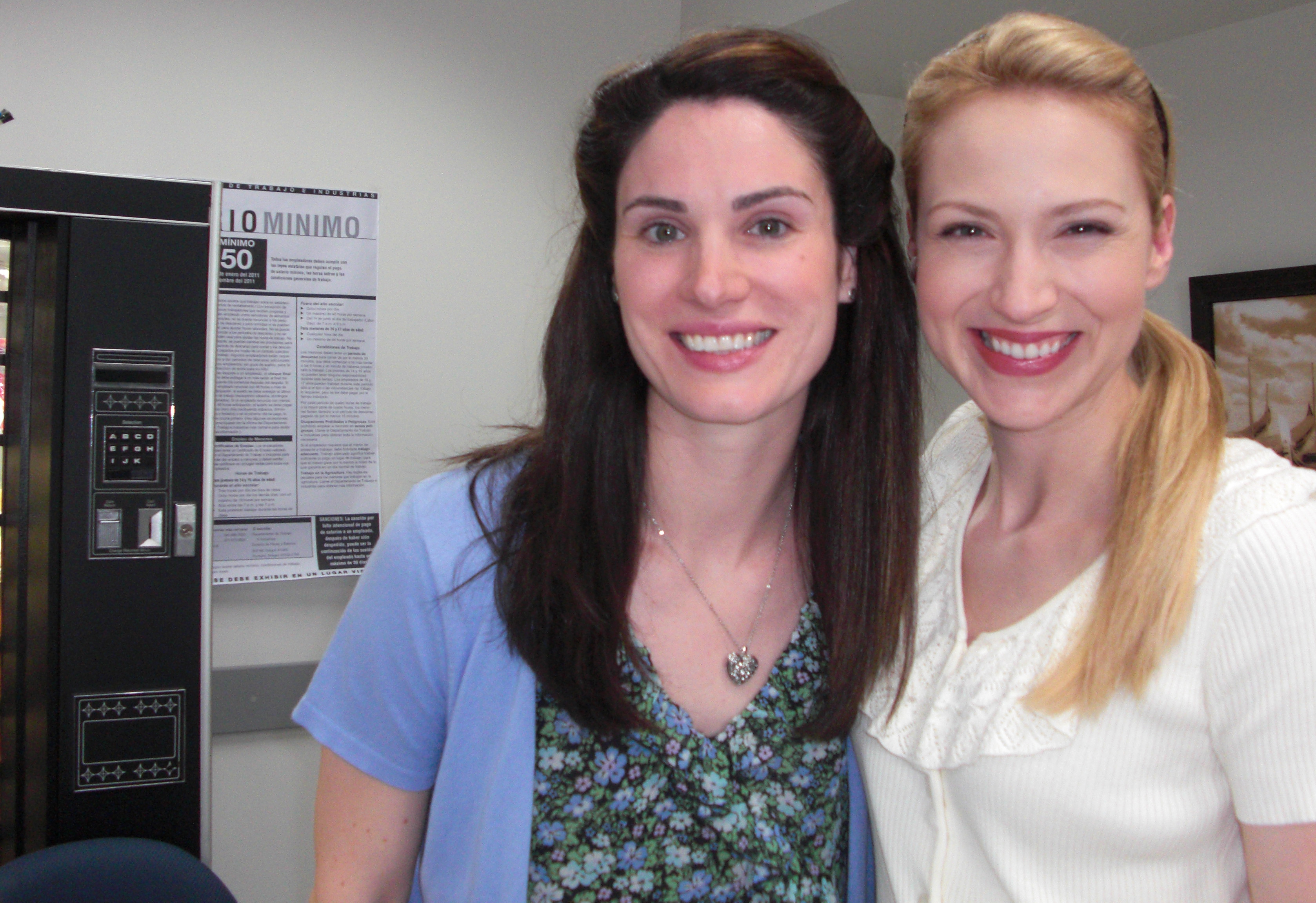 Beth Riesgraf and Anora Lyn on the set of Leverage