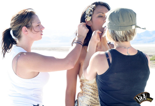 Doing hair on a shoot in the Salt Bed Flats