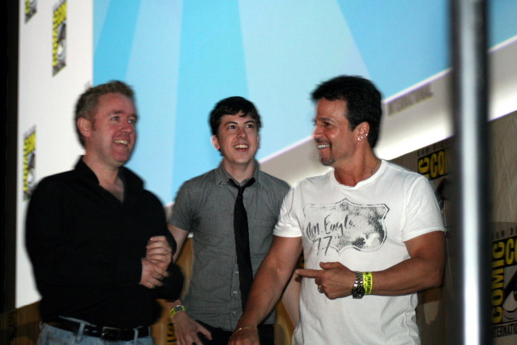 (L-R) Mark Millar, Christopher Mintz-Plasse and John Romita Jr., happy with the crowd reaction at the Kick-Ass panel