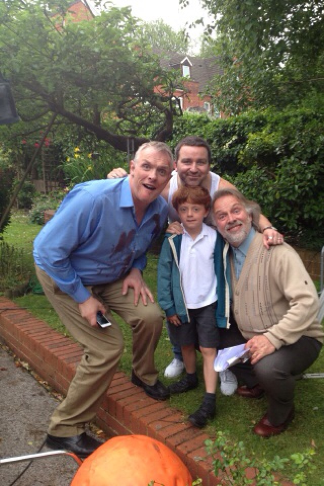 'Man Down' sitcom shoot. June 2013. Greg Davis, Rik Mayall, Oliver Ebsworth and Cameron Jack.