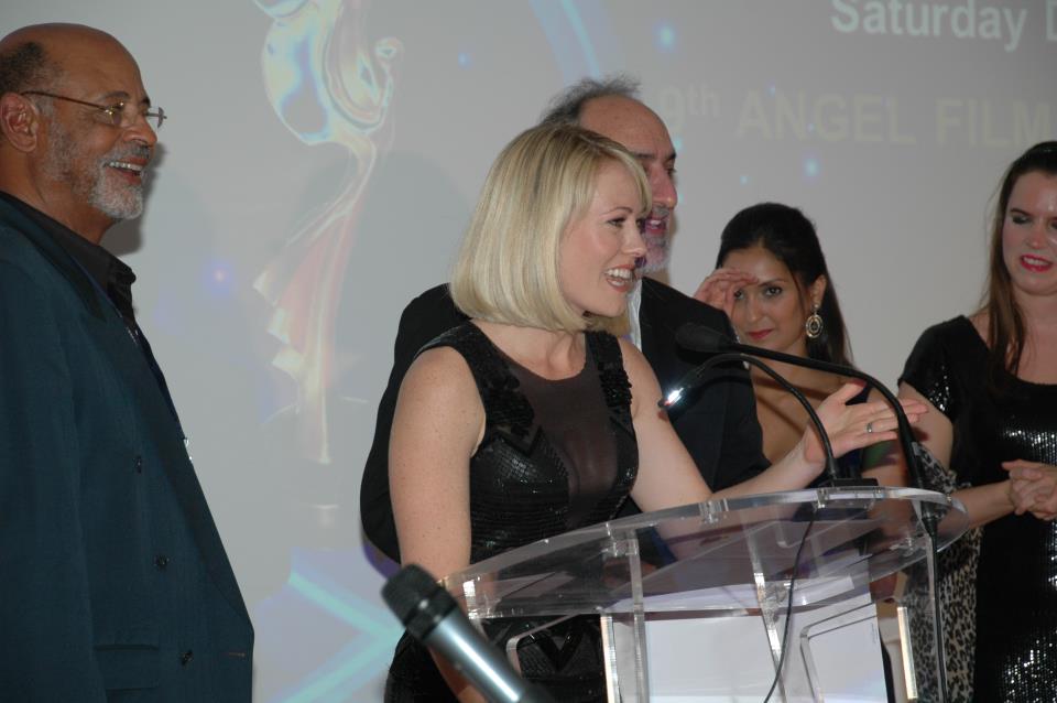 Caroline Rich accepting the award for Best Ensemble Cast at the 2011 Angel Film Awards in Monaco for In the Key of Eli.