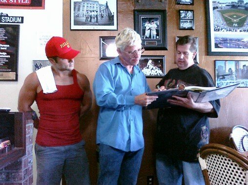 actor Scott Senofonte, director Michael Donahue and Exec Producer Tom Tangen on the Pizzacola Pizzeria Pooltime set.