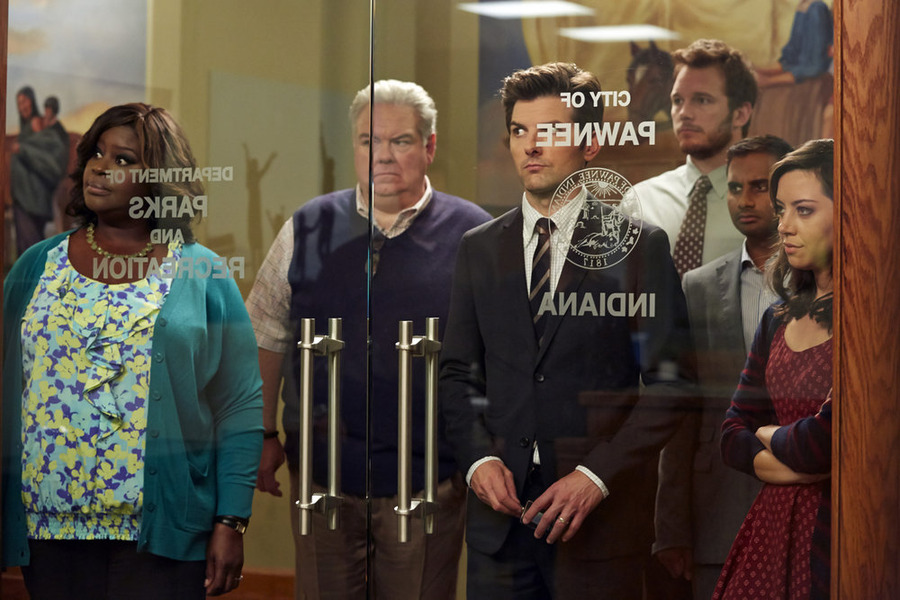 Still of Adam Scott, Jim O'Heir, Chris Pratt, Retta, Aziz Ansari and Aubrey Plaza in Parks and Recreation (2009)