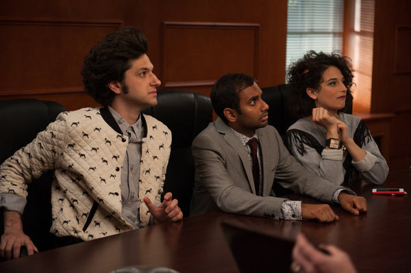 Still of Aziz Ansari, Ben Schwartz and Jenny Slate in Parks and Recreation (2009)