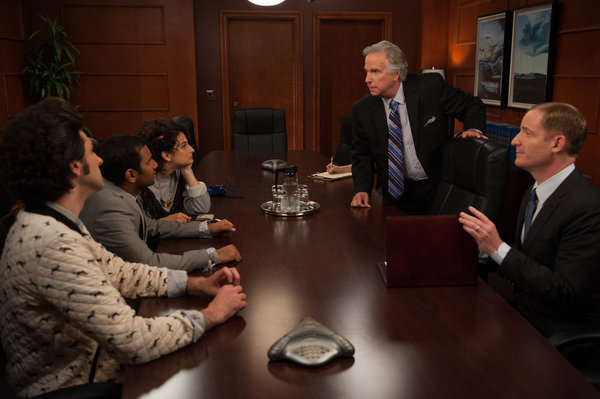 Still of Henry Winkler, Aziz Ansari, Ben Schwartz, Jenny Slate and Trevor Nelson in Parks and Recreation (2009)