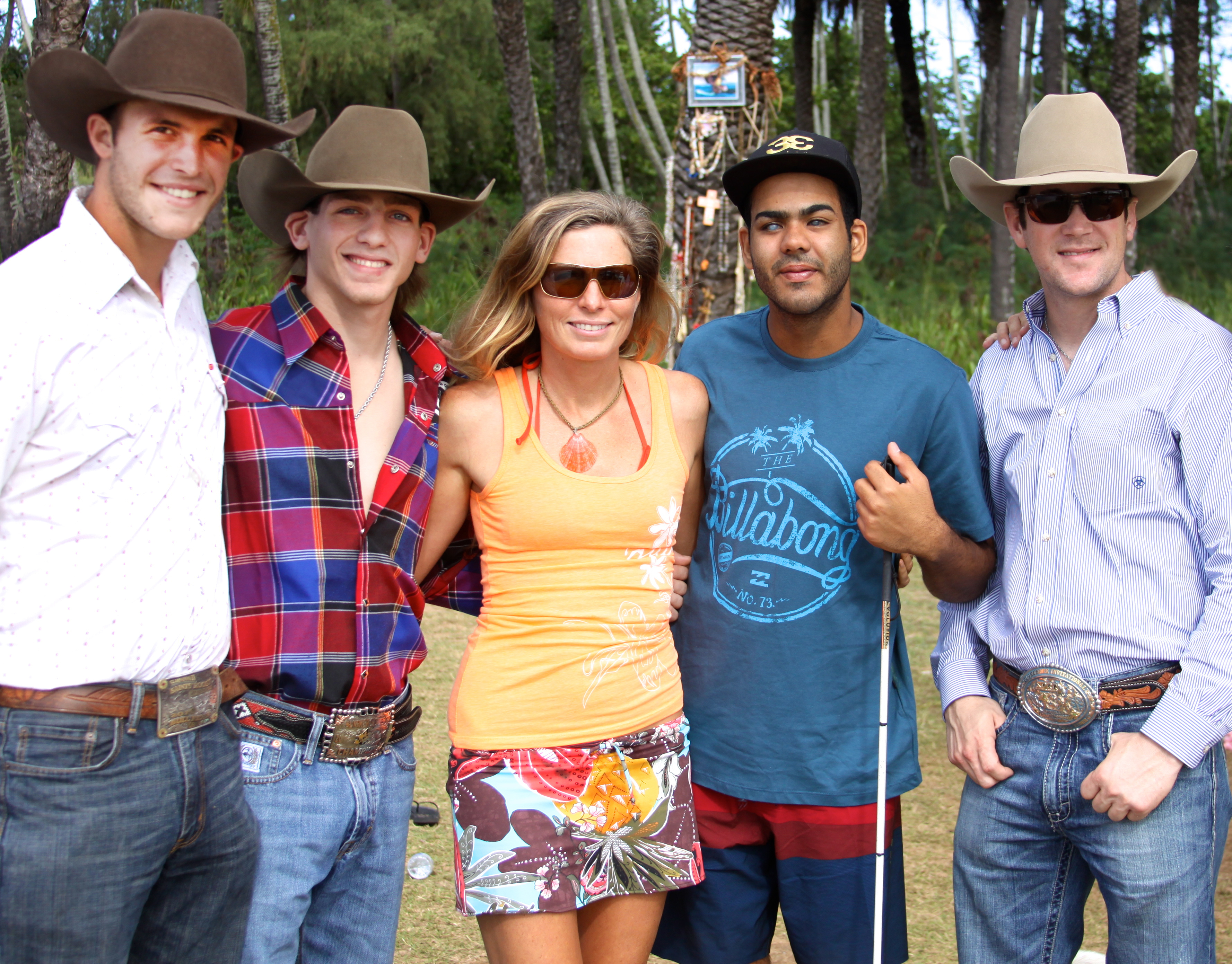 Actress Producer Faith Fay, Pro Surfer Derek Rabelo, and Pro bull riders Thad Newell, Zane Cook, and Jake Nelson on the set of the documentary film 