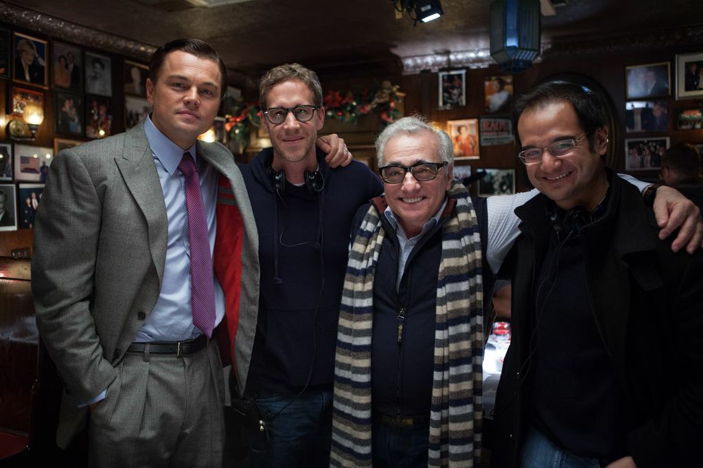 Leonardo Dicaprio, Joey McFarland, Martin Scorsese and Riza Aziz on the set of The Wolf of Wall Street.