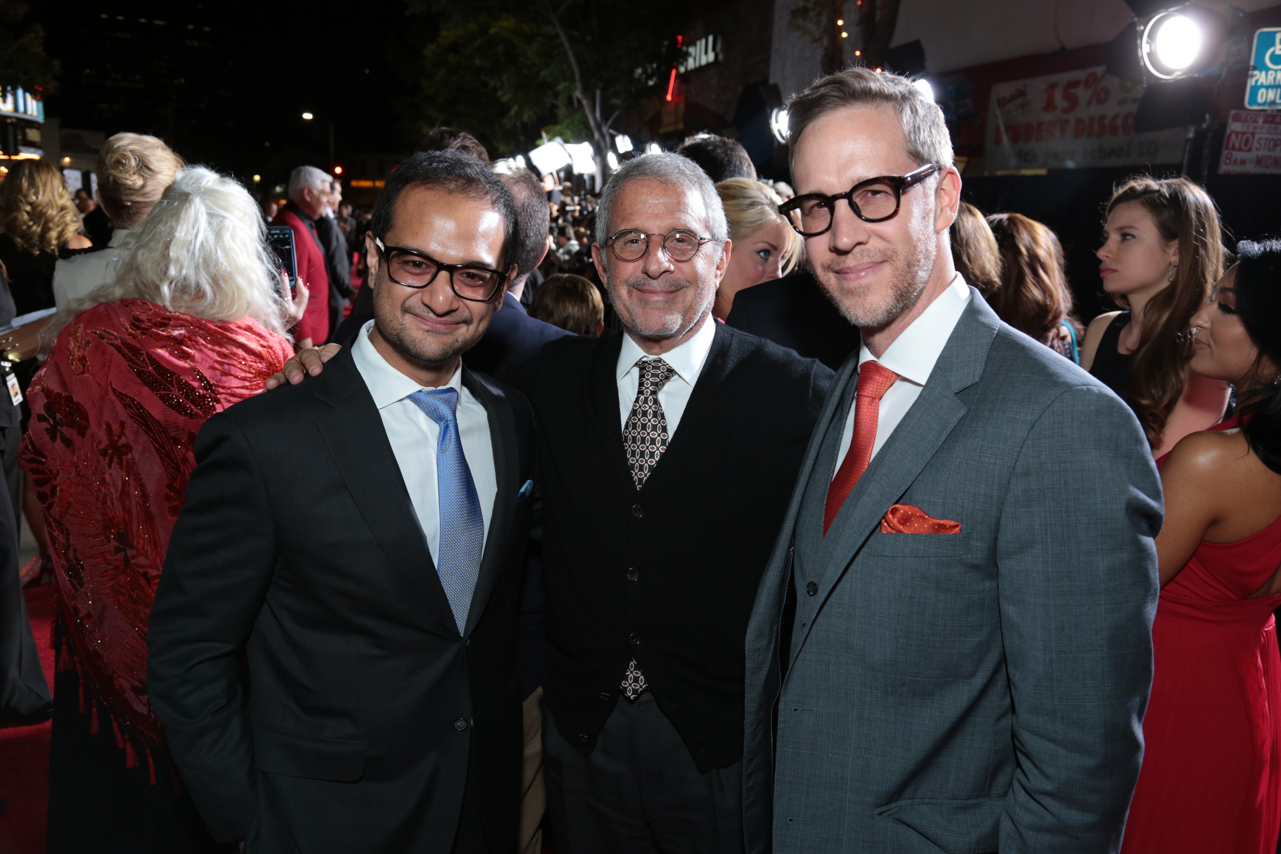 Riza Aziz, Ron Meyer and Joey McFarland at the Dumb and Dumber To Premiere in Los Angeles.