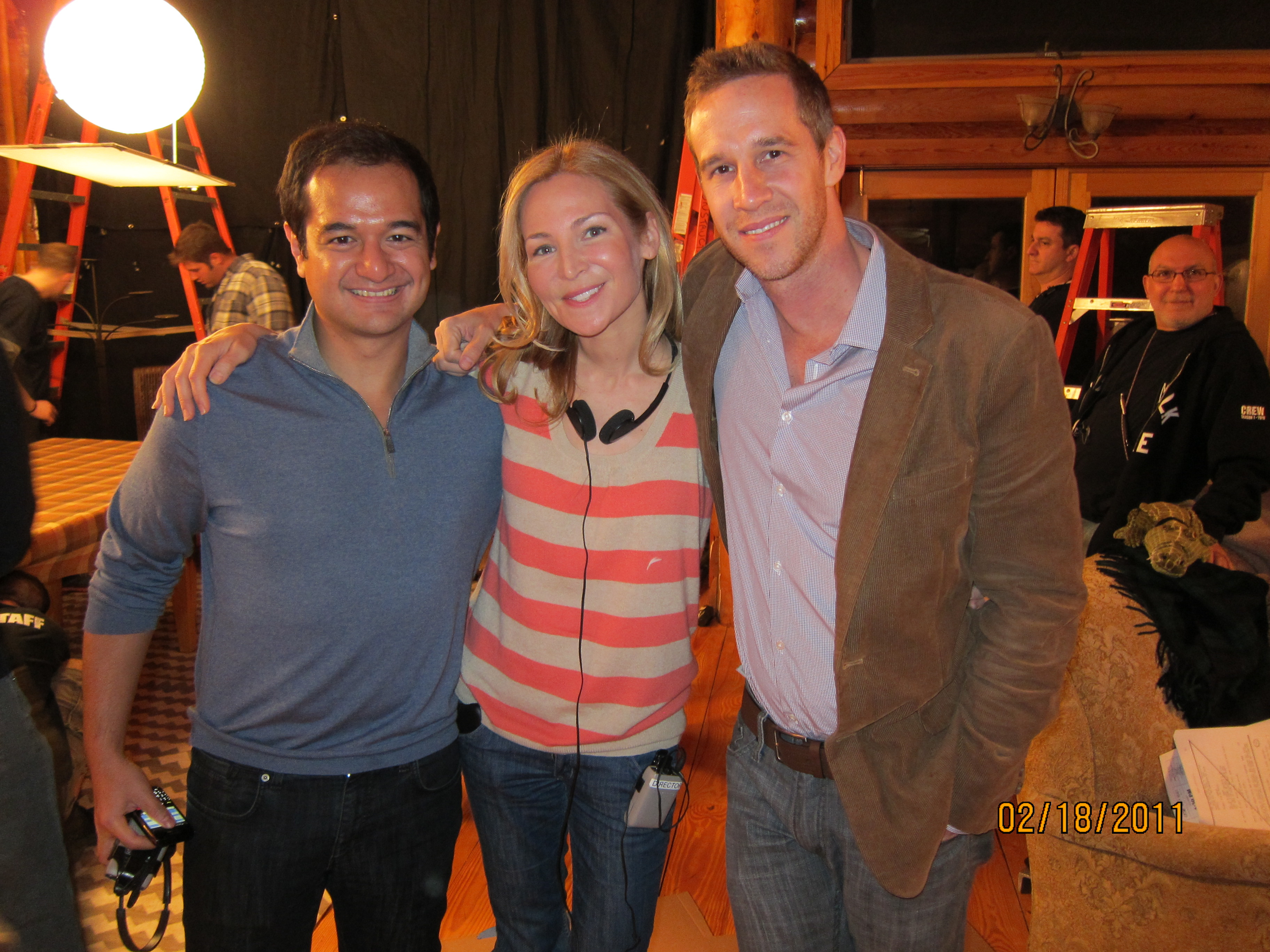 Jennifer Westfeldt with producers Joey McFarland and Riza Aziz on the set of 