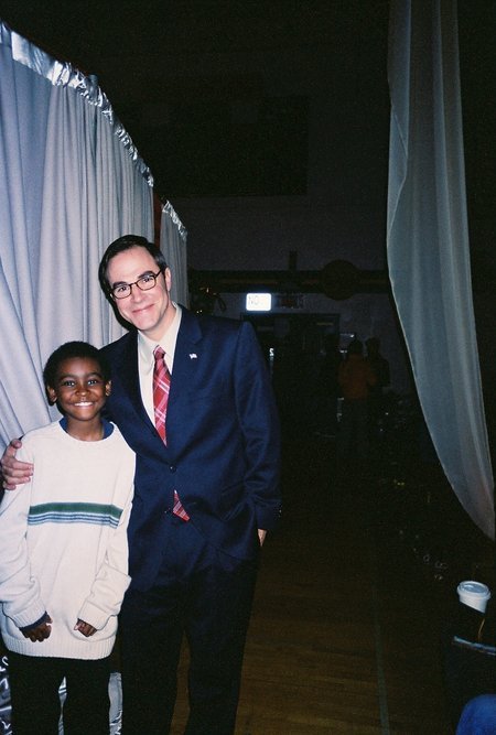 Shawn and Roger Bart on the set of 