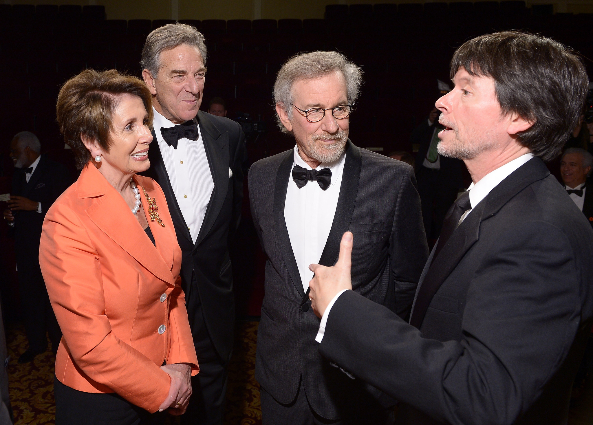 Minority Leader of the U.S. House of Representatives Nancy Pelosi, Paul Pelosi, filmmaker and honoree Steven Spielberg, and Foundation for the National Archives Board Vice President and Gala Chair Ken Burns view two facsimile versions of the 13th Amendment at the Foundation for the National Archives 2013 Records of Achievement award ceremony and gala in honor of Steven Spielberg on November 19, 2013 in Washington, D.C.