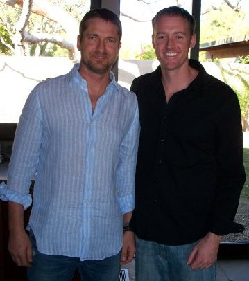 Gerard Butler and Joshua Denhardt on the set of In Search of Ted Demme
