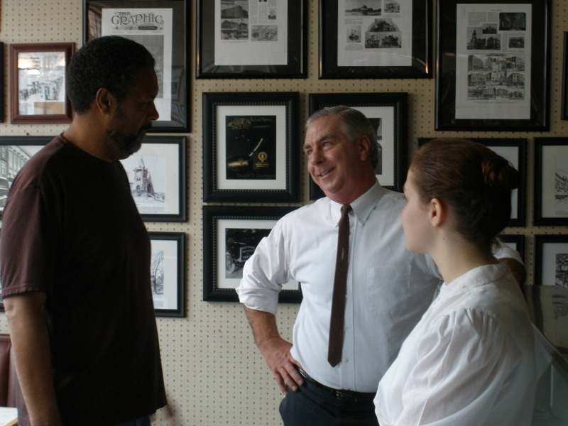 CJ blocking scene with director Kevin Willmott on the set of Jayhawkers.