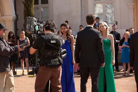 Behind the Scenes shot, The Vampire Diaries. Nina Dobrev, Justin Price, Candice Accola.